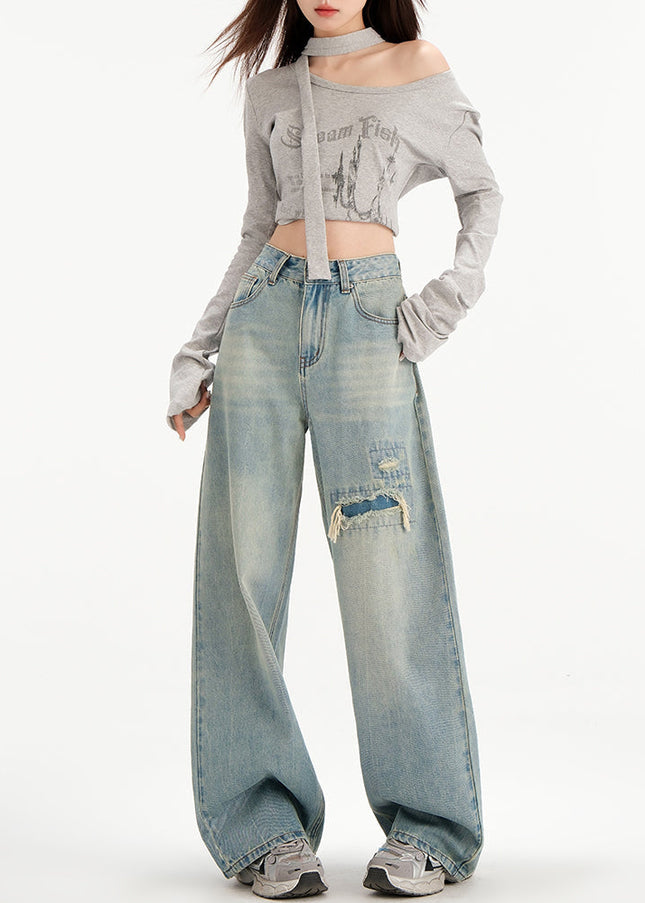 Light Blue Vintage Frayed Wide-Leg Jeans Women’s - Women’s Jeans