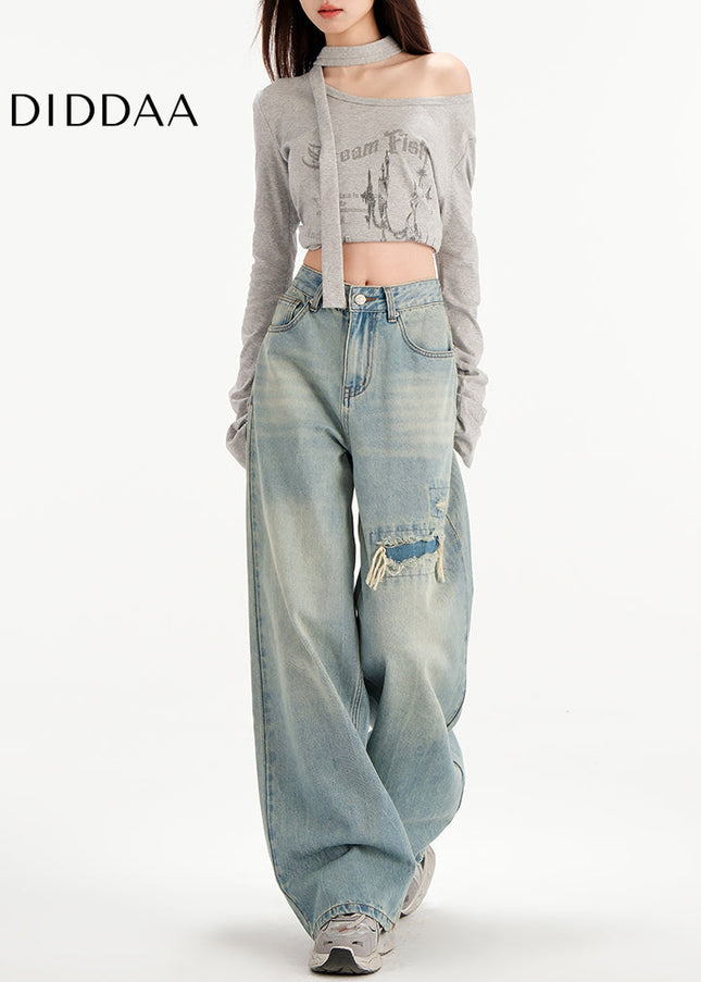 Light Blue Vintage Frayed Wide-Leg Jeans Women’s - Women’s Jeans