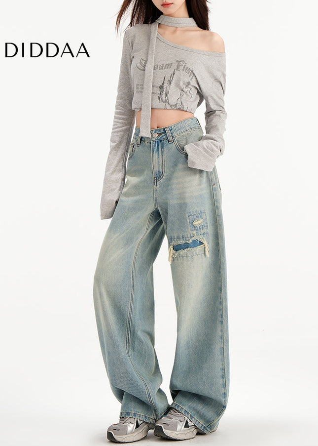 Light Blue Vintage Frayed Wide-Leg Jeans Women’s - Women’s Jeans