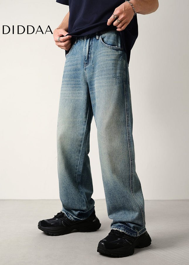 Light Blue Vintage Loose Fit Wide-Leg Jeans Men’s All Season - Men’s Jeans