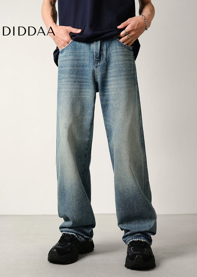 Light Blue Vintage Loose Fit Wide-Leg Jeans Men’s All Season - Men’s Jeans