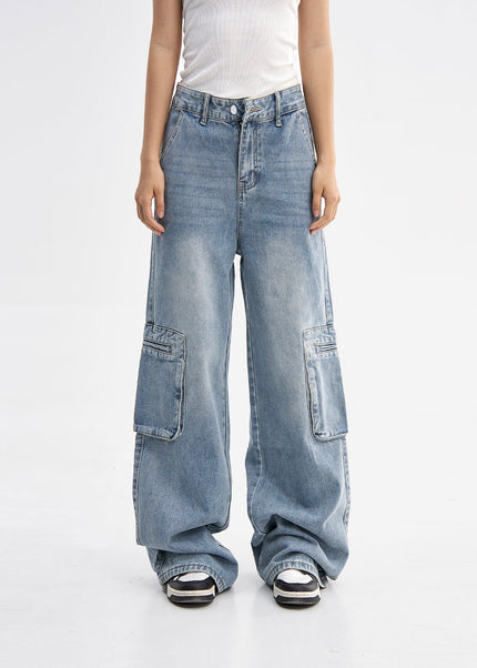 Light Blue Vintage Wash Distressed Wide-Leg Jeans - Women’s Jeans