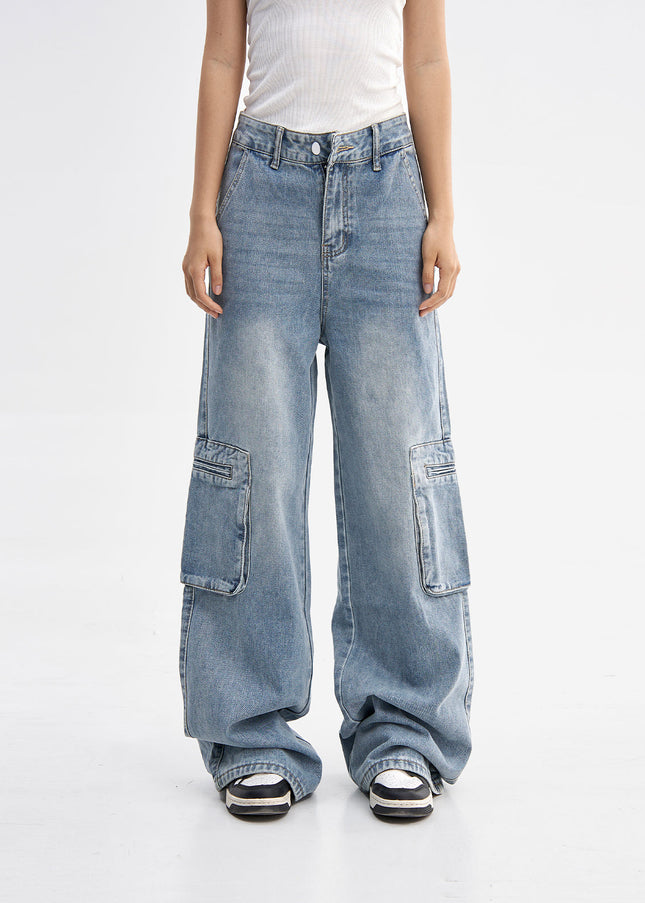 Light Blue Vintage Wash Distressed Wide-Leg Jeans - Women’s Jeans