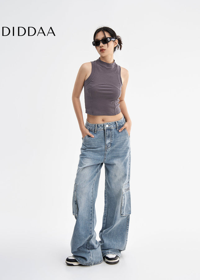 Light Blue Vintage Wash Distressed Wide-Leg Jeans - Women’s Jeans