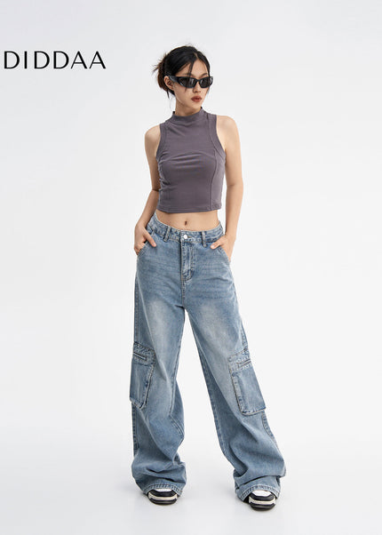 Light Blue Vintage Wash Distressed Wide-Leg Jeans - Women’s Jeans