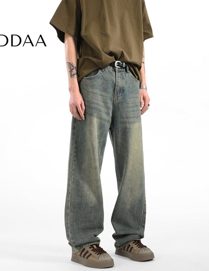 Light Blue Vintage Whiskering Straight-Leg Jeans - S / Green - Men’s Jeans