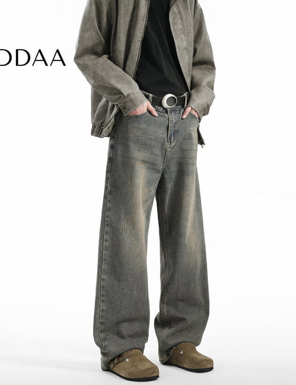 Light Blue Vintage Whiskering Straight-Leg Jeans - S / Red - Men’s Jeans