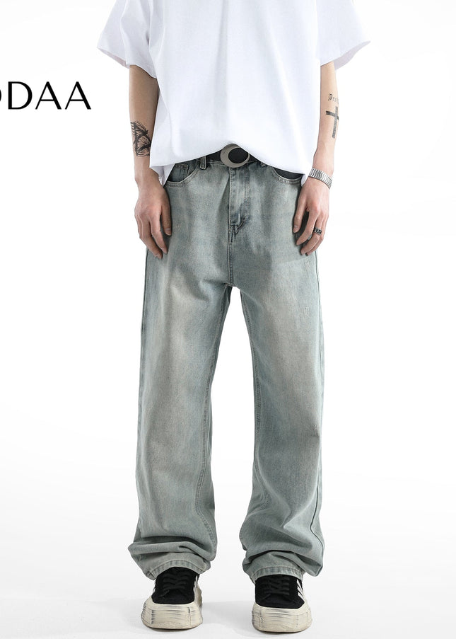 Light Blue Vintage Whiskering Straight-Leg Jeans - S / Yellow - Men’s Jeans
