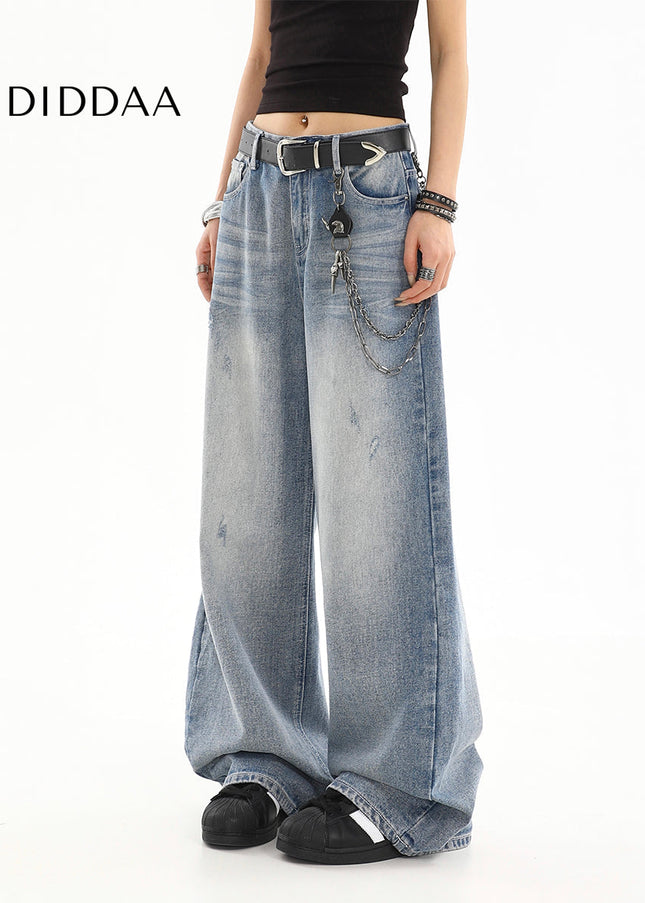 Light Blue Washed Distressed Straight Leg Jeans - Women’s Jeans