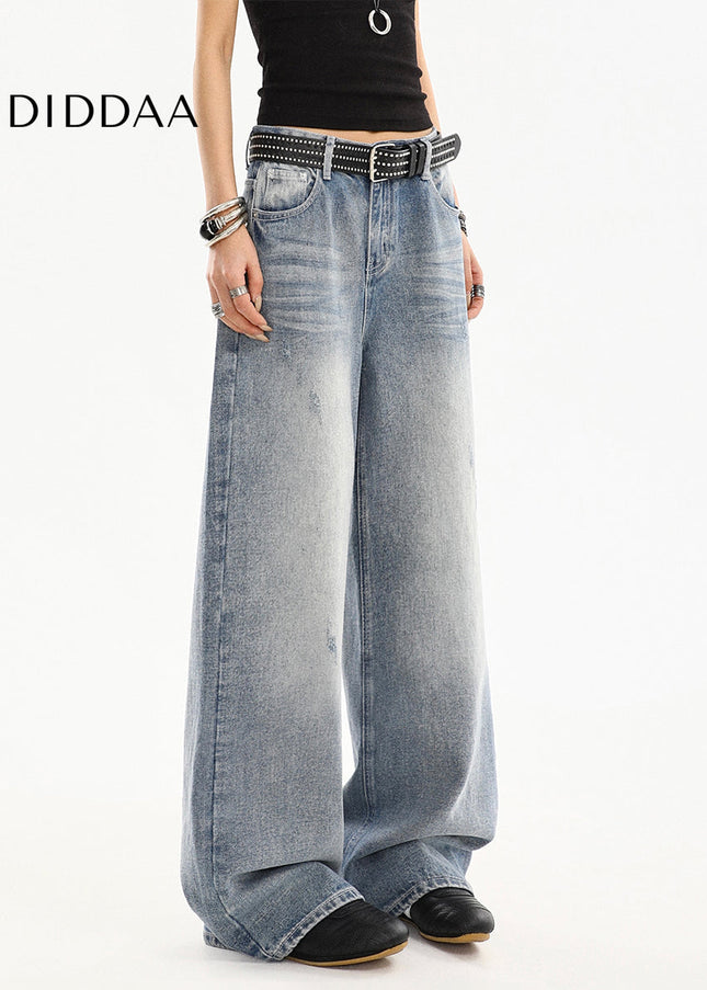 Light Blue Washed Distressed Straight Leg Jeans - Women’s Jeans