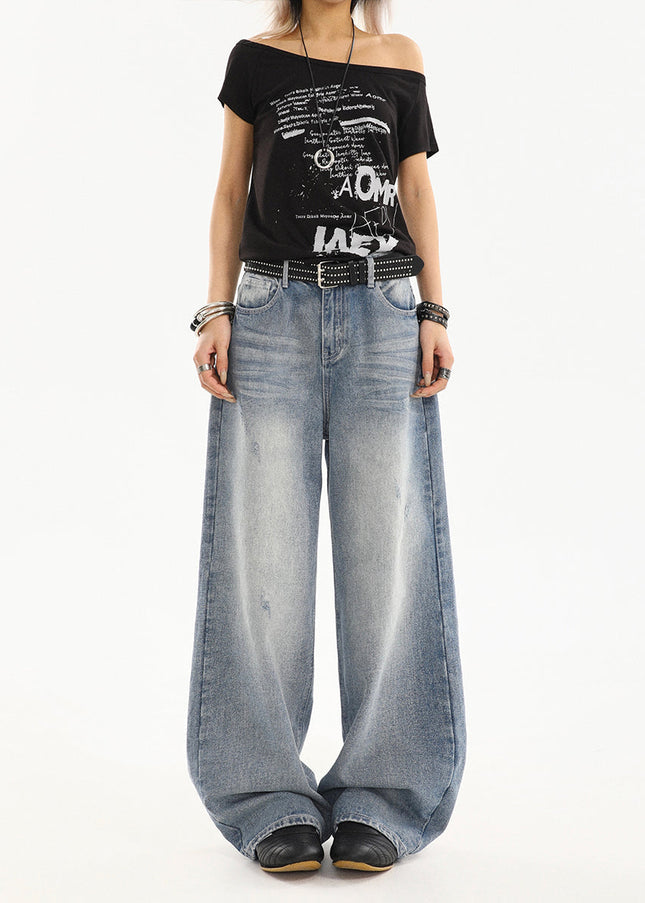 Light Blue Washed Distressed Straight Leg Jeans - Women’s Jeans