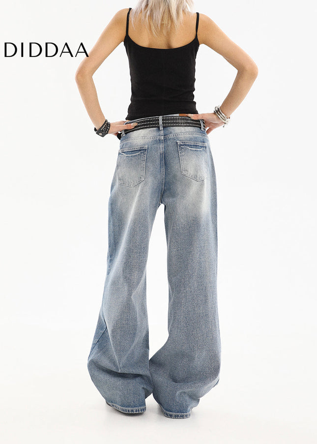 Light Blue Washed Distressed Straight Leg Jeans - Women’s Jeans