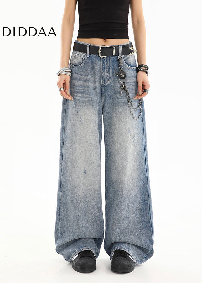 Light Blue Washed Distressed Straight Leg Jeans - Women’s Jeans