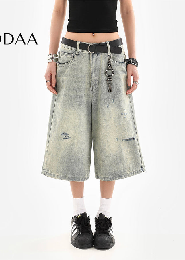 Light Blue Washed Worn-Out Ripped Cropped Jeans - S / Light Blue - Women’s Jeans