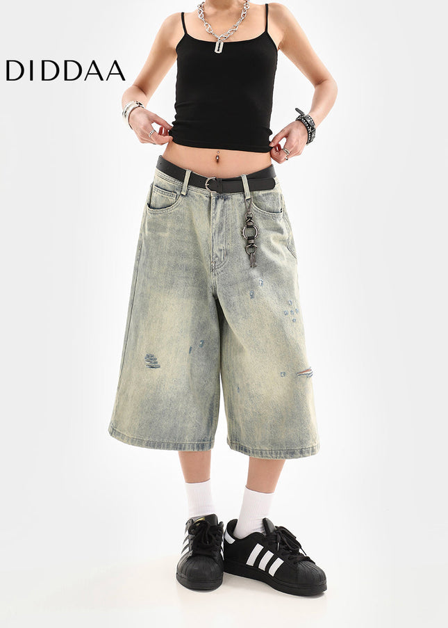 Light Blue Washed Worn-Out Ripped Cropped Jeans - Women’s Jeans