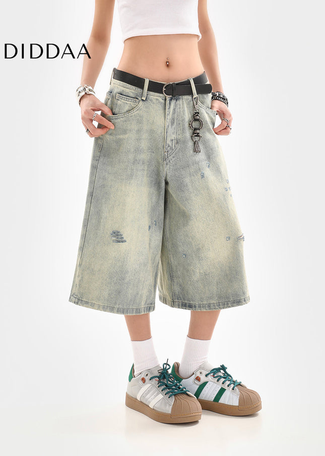 Light Blue Washed Worn-Out Ripped Cropped Jeans - Women’s Jeans