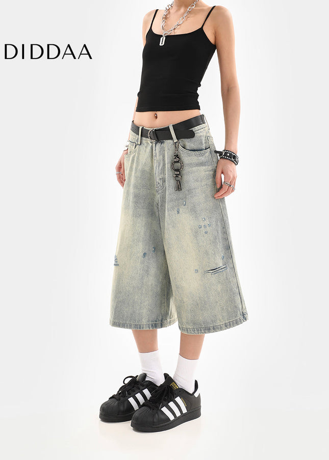 Light Blue Washed Worn-Out Ripped Cropped Jeans - Women’s Jeans