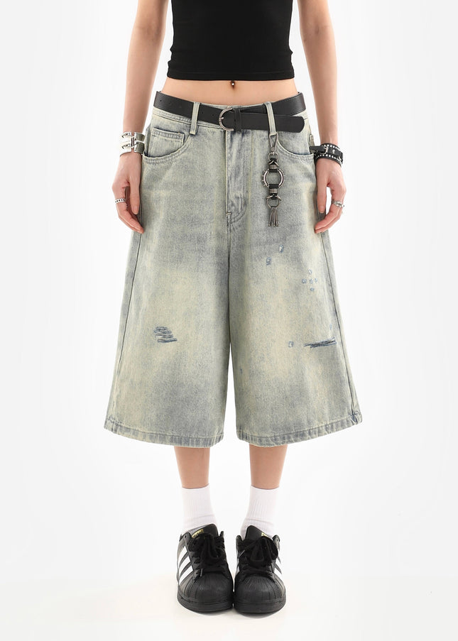 Light Blue Washed Worn-Out Ripped Cropped Jeans - Women’s Jeans