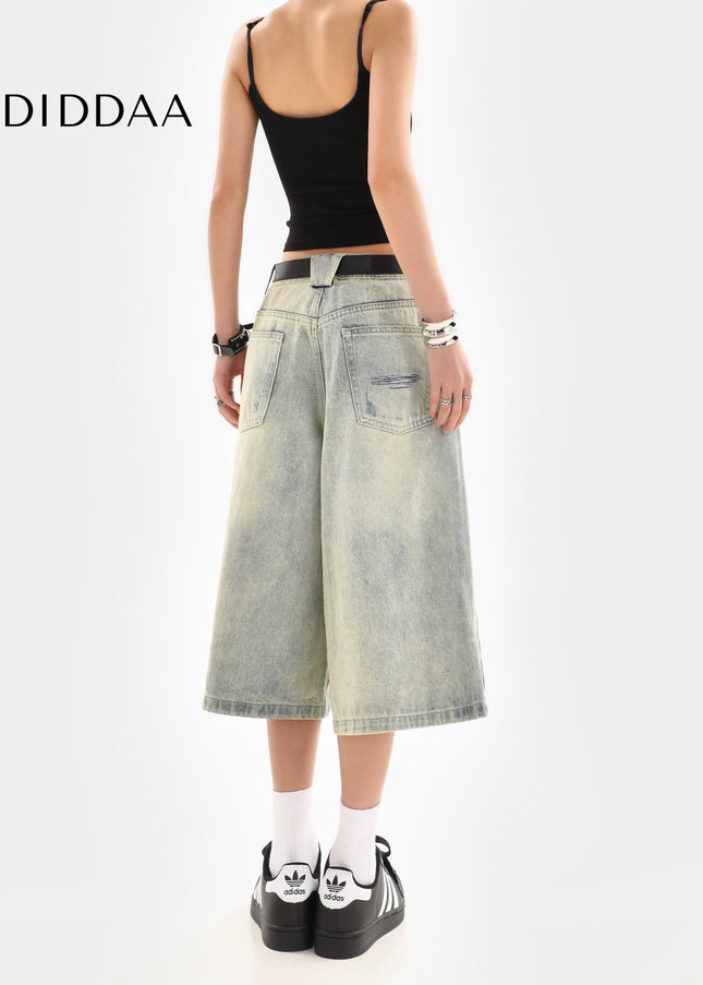 Light Blue Washed Worn-Out Ripped Cropped Jeans - Women’s Jeans