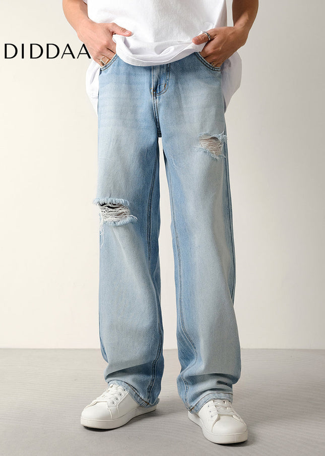 Light Blue Wide Ripped Wash Jeans for Men - Men’s Jeans