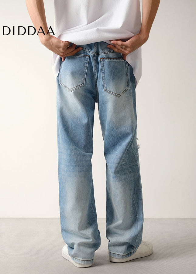 Light Blue Wide Ripped Wash Jeans for Men - Men’s Jeans