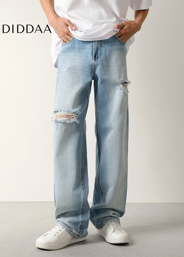 Light Blue Wide Ripped Wash Jeans for Men - Men’s Jeans