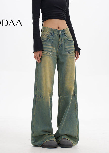 Light Blue Worn Washed Straight Wide Leg Jeans - Women’s Jeans