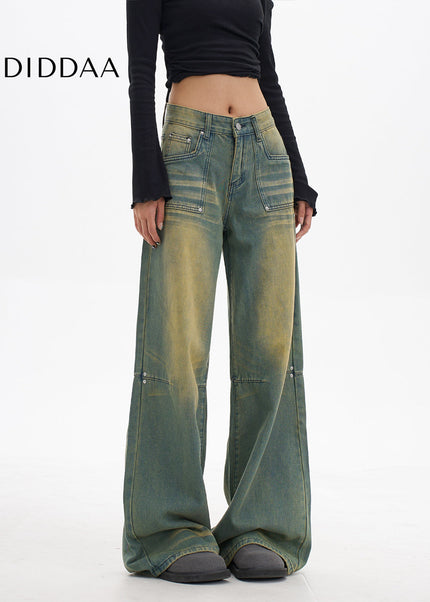 Light Blue Worn Washed Straight Wide Leg Jeans - Women’s Jeans