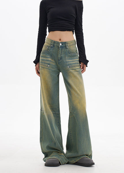 Light Blue Worn Washed Straight Wide Leg Jeans - Women’s Jeans