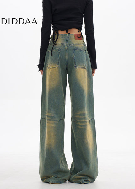 Light Blue Worn Washed Straight Wide Leg Jeans - Women’s Jeans