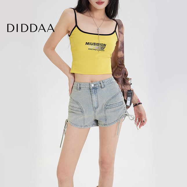 Light color american shorts women’s 2025 new summer ultra short a-line hot pants drawstring design retro jeans - XS