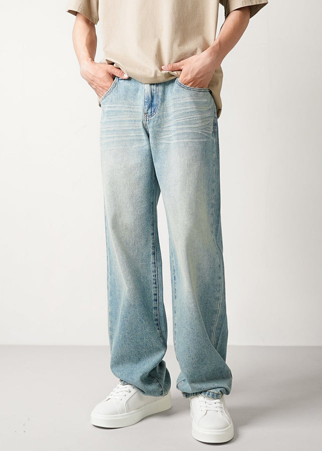 Light Color Loose Straight Leg Retro Wash Jeans - Men’s Jeans