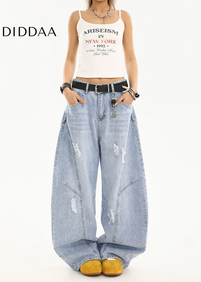 Light Color Ripped Scimitar Jeans Women’s Retro Loose Pants - Women’s Jeans