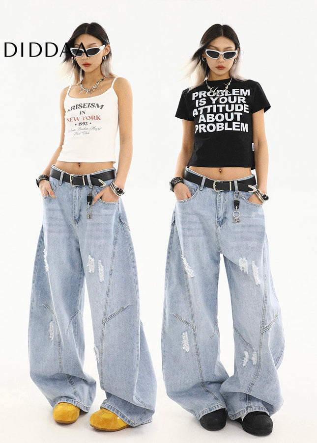 Light Color Ripped Scimitar Jeans Women’s Retro Loose Pants - Women’s Jeans