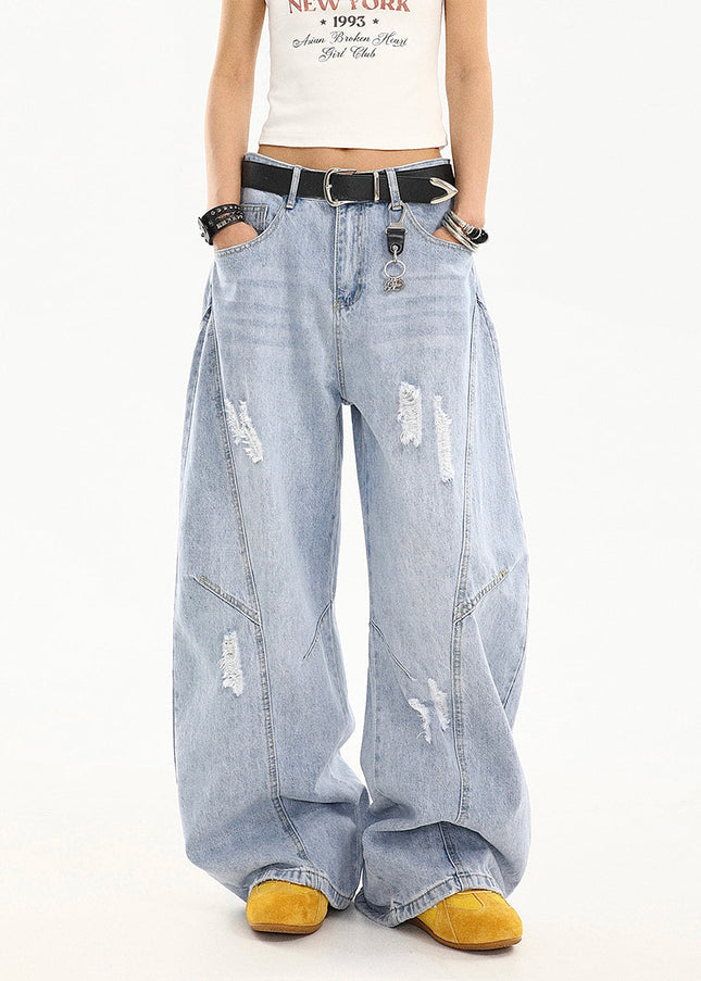 Light Color Ripped Scimitar Jeans Women’s Retro Loose Pants - Women’s Jeans
