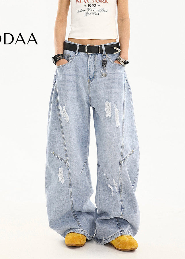 Light Color Ripped Scimitar Jeans Women’s Retro Loose Pants - S / Light Blue - Women’s Jeans