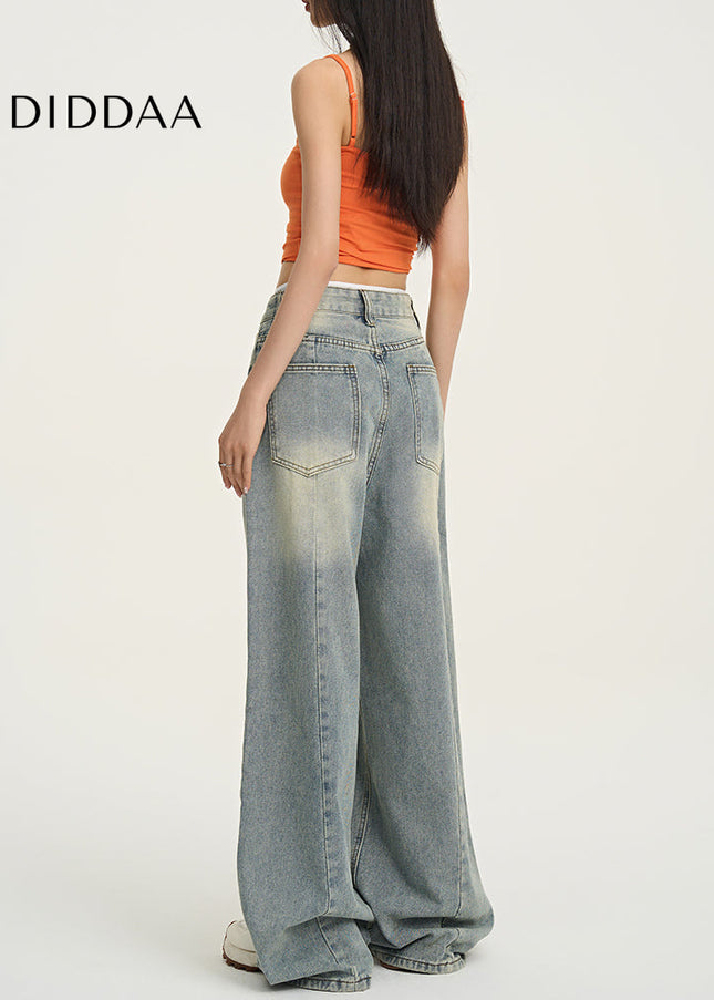 Light-Colored Draped Jeans Loose Low-Rise Wide Leg Pants - Women’s Jeans