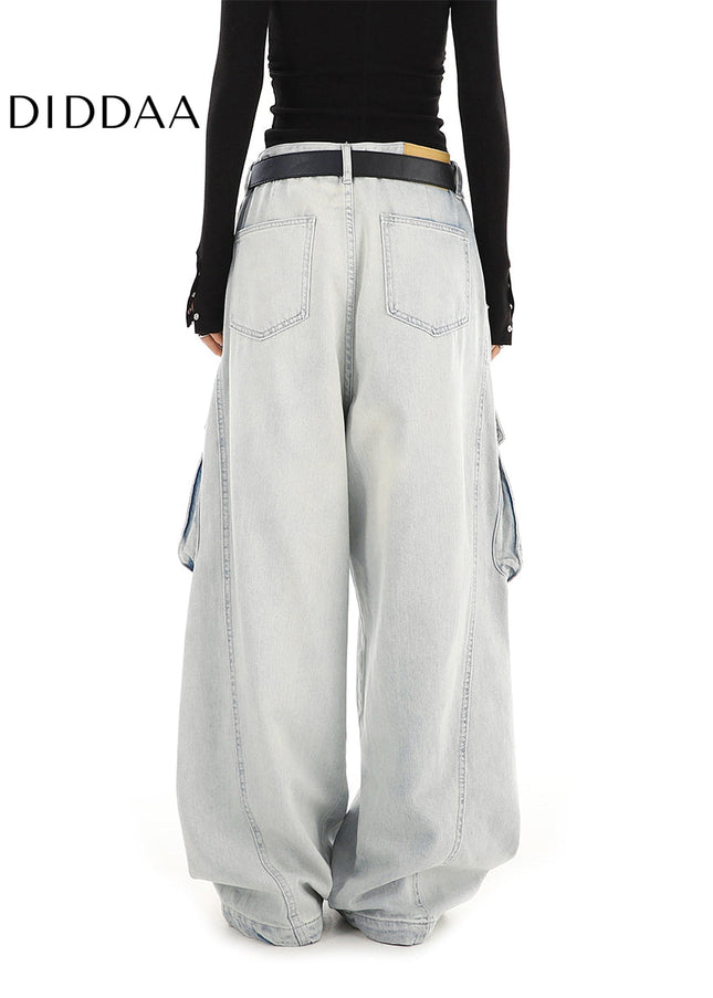 Light-Colored Washed Distressed Cargo Jeans Women’s Multi-Pocket - Women’s Jeans