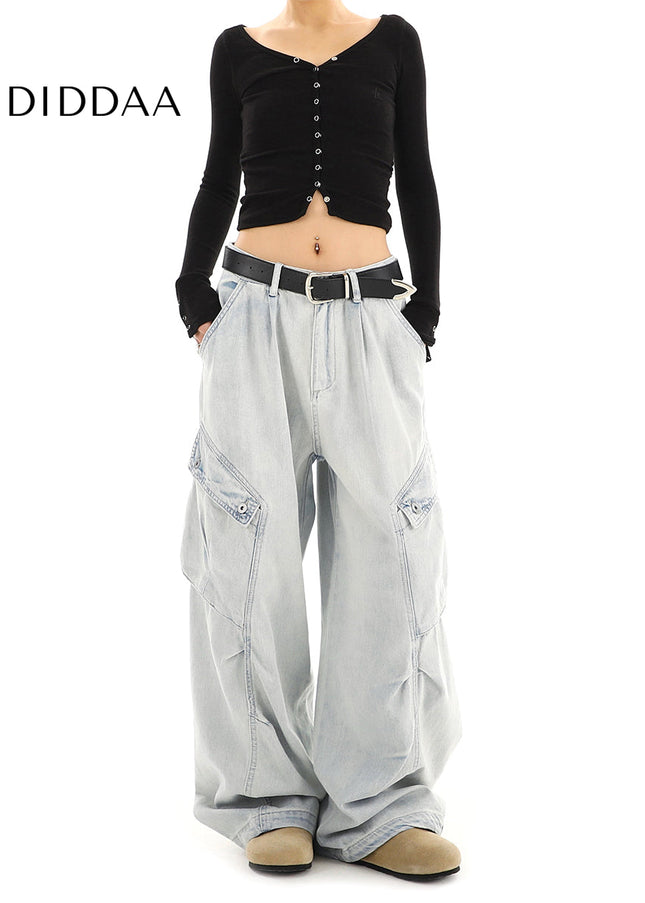 Light-Colored Washed Distressed Cargo Jeans Women’s Multi-Pocket - Women’s Jeans