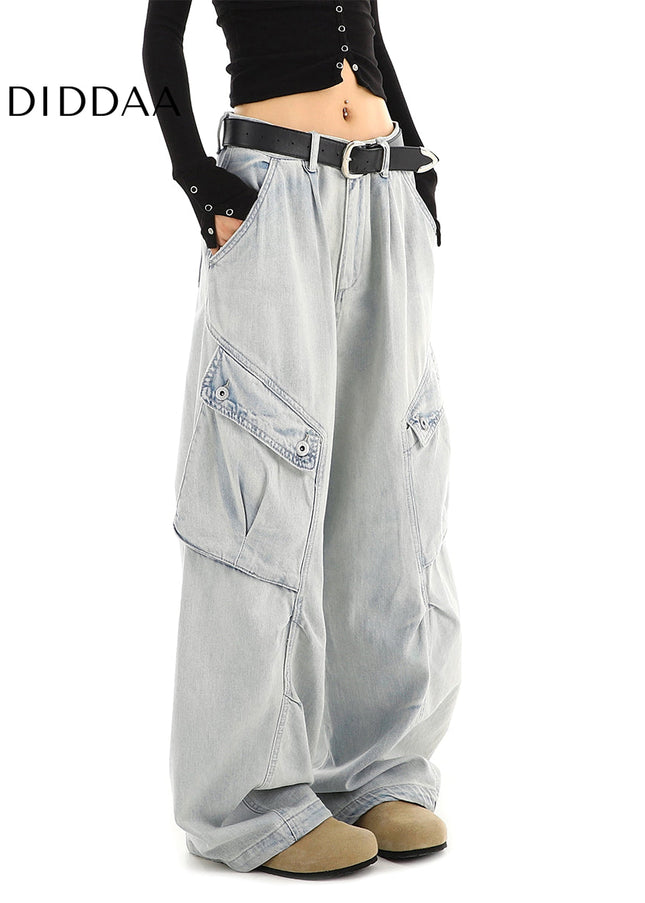 Light-Colored Washed Distressed Cargo Jeans Women’s Multi-Pocket - Women’s Jeans