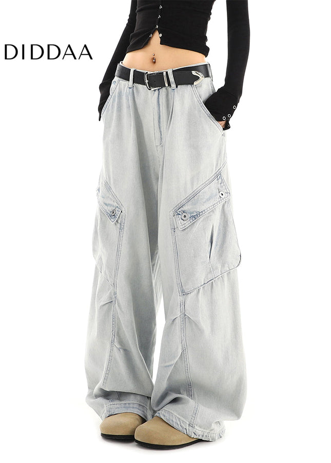 Light-Colored Washed Distressed Cargo Jeans Women’s Multi-Pocket - Women’s Jeans