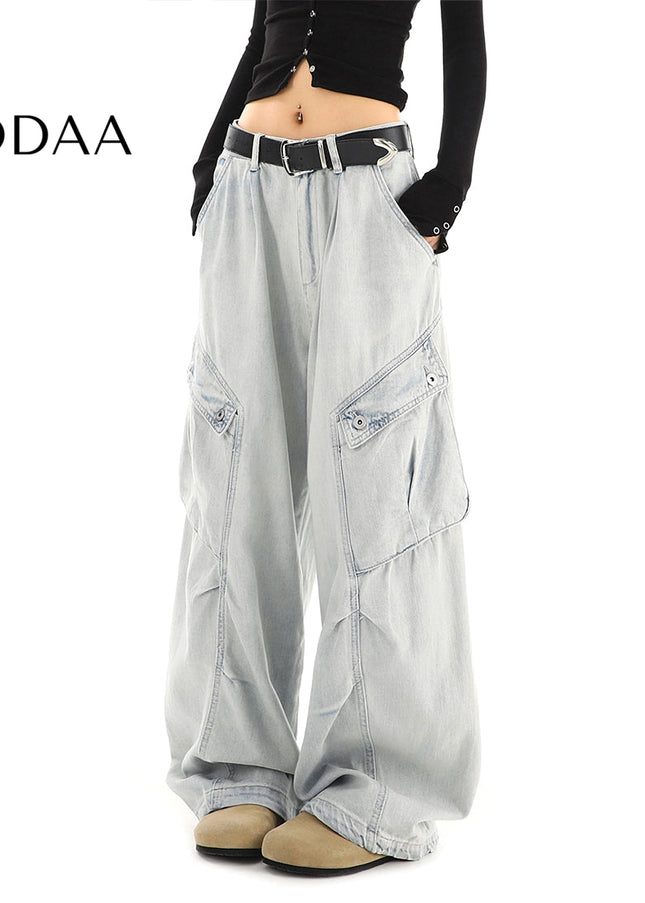 Light-Colored Washed Distressed Cargo Jeans Women’s Multi-Pocket - S / Grey - Women’s Jeans