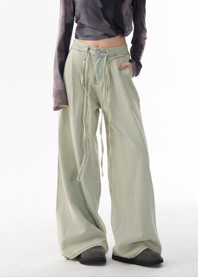 Light Wash Distressed Drawstring Wide-Leg Jeans - Women’s Jeans