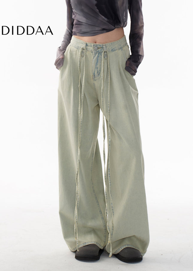 Light Wash Distressed Drawstring Wide-Leg Jeans - Women’s Jeans