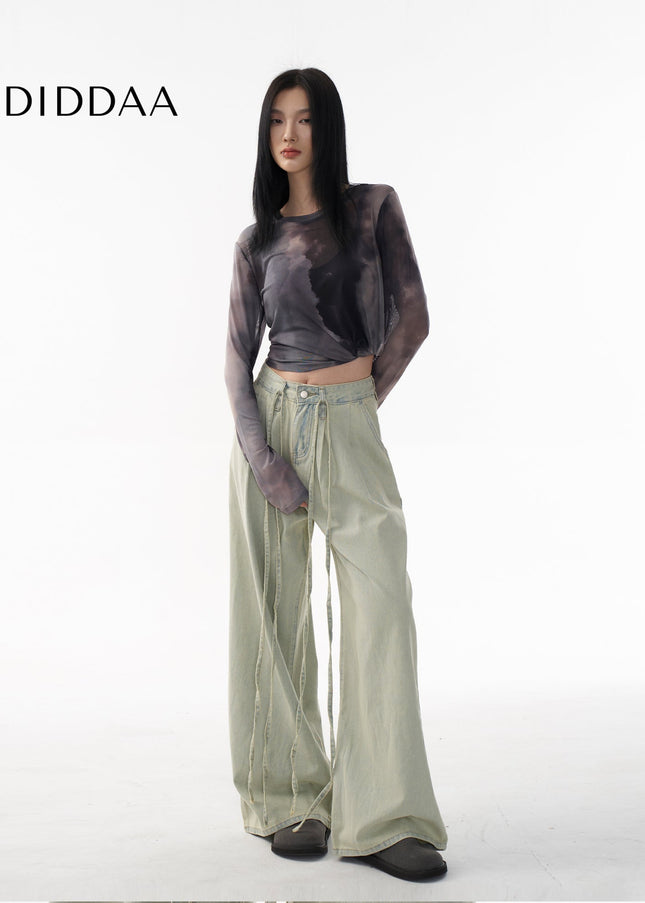 Light Wash Distressed Drawstring Wide-Leg Jeans - Women’s Jeans