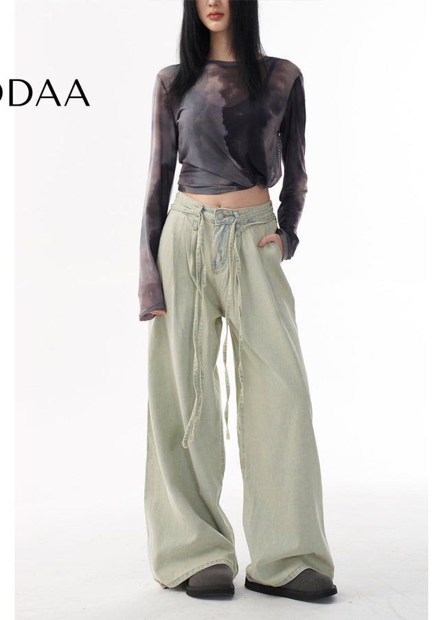 Light Wash Distressed Drawstring Wide-Leg Jeans - XS / Green - Women’s Jeans