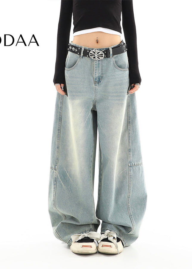 Light Washed Distressed Wide Leg Mop Jeans for Women - S / Light Blue - Women’s Jeans