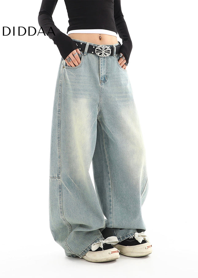 Light Washed Distressed Wide Leg Mop Jeans for Women - Women’s Jeans