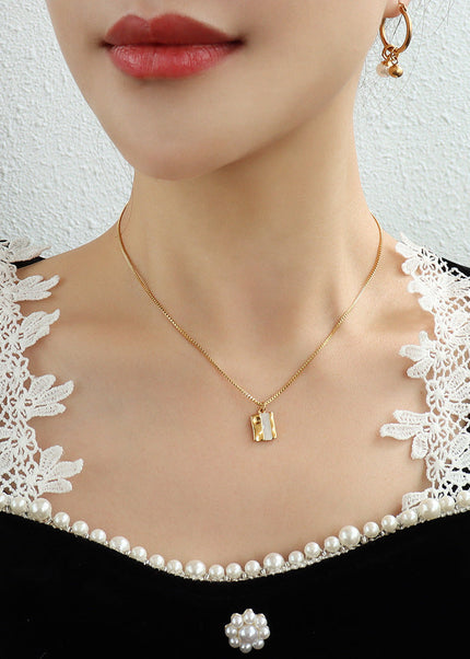 French style white sea shell square pendant necklace female niche creative design titanium steel plated 18k gold box chain