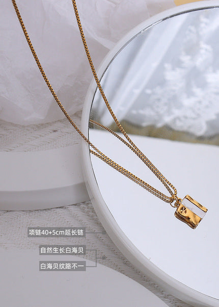 French style white sea shell square pendant necklace female niche creative design titanium steel plated 18k gold box chain